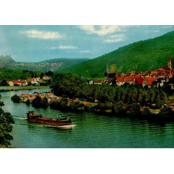 CPSM Neckargemünd Allemagne camping Friedensbrücke Neckar péniche caravanes années 1960