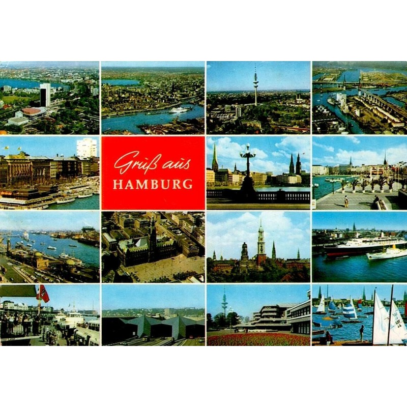 Hambourg carte multivues avec port, hôtel de ville, bateaux et tour Heinrich-Hertz