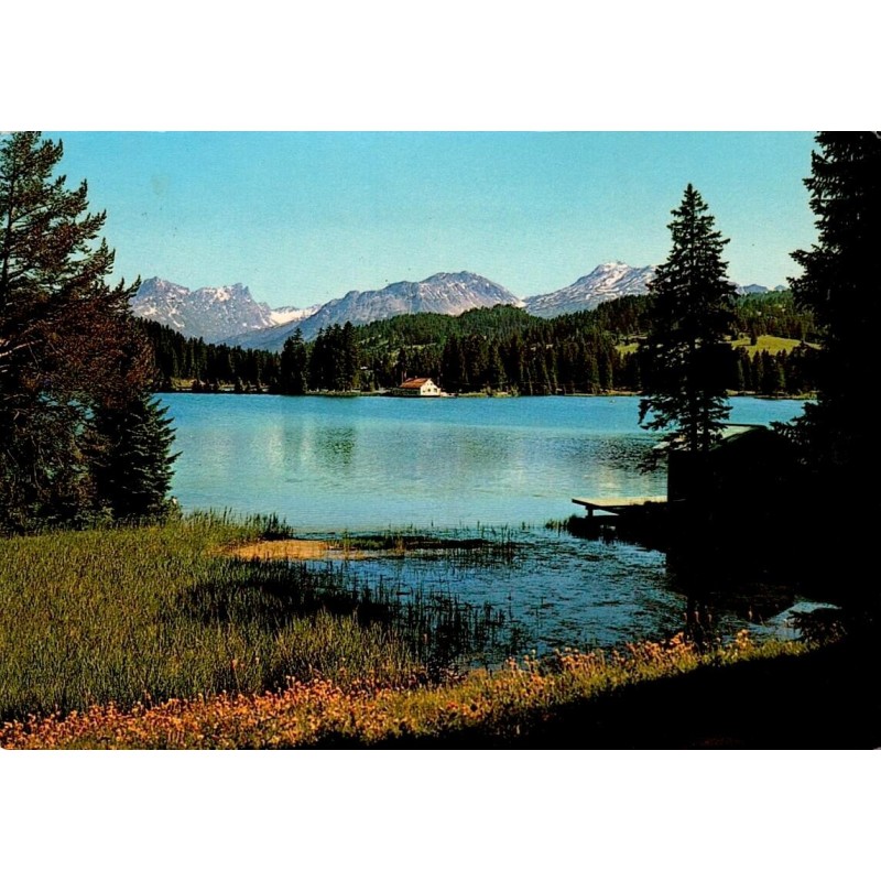 Lenzerheide-Valbella en Suisse, Heidsee entouré de forêts avec sommets des Alpes grisonnes