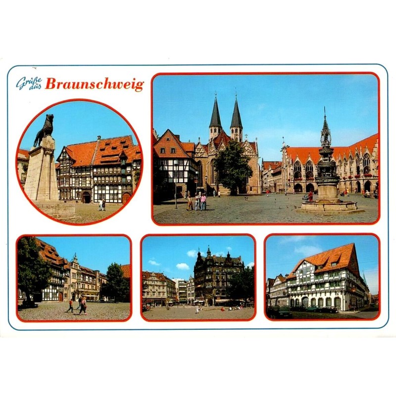 Braunschweig multivues avec Burgplatz, lion, cathédrale et maisons à colombages