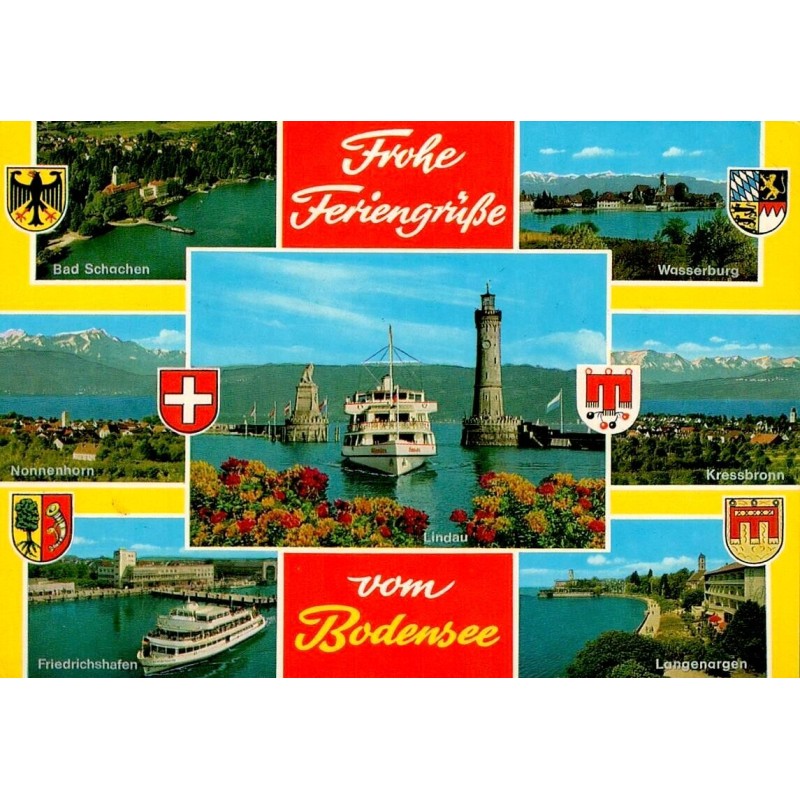Lindau lac de Constance vues du Bodensee phare port et bateau carte postale 1993