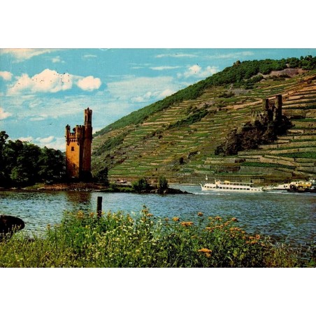 Bingen am Rhein Mäuseturm château Ehrenfels Allemagne carte postale ancienne Rhin vignobles bateau