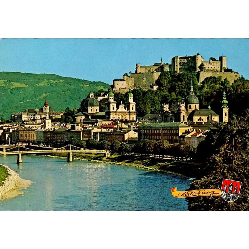 Salzburg vue sur la Salzach, vieille ville et forteresse de Hohensalzburg, carte Meyer’s Farbkarten