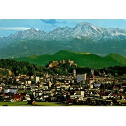 Salzburg panorama alpin avec ville et forteresse de Hohensalzburg, édition Meyer’s Farbkarten