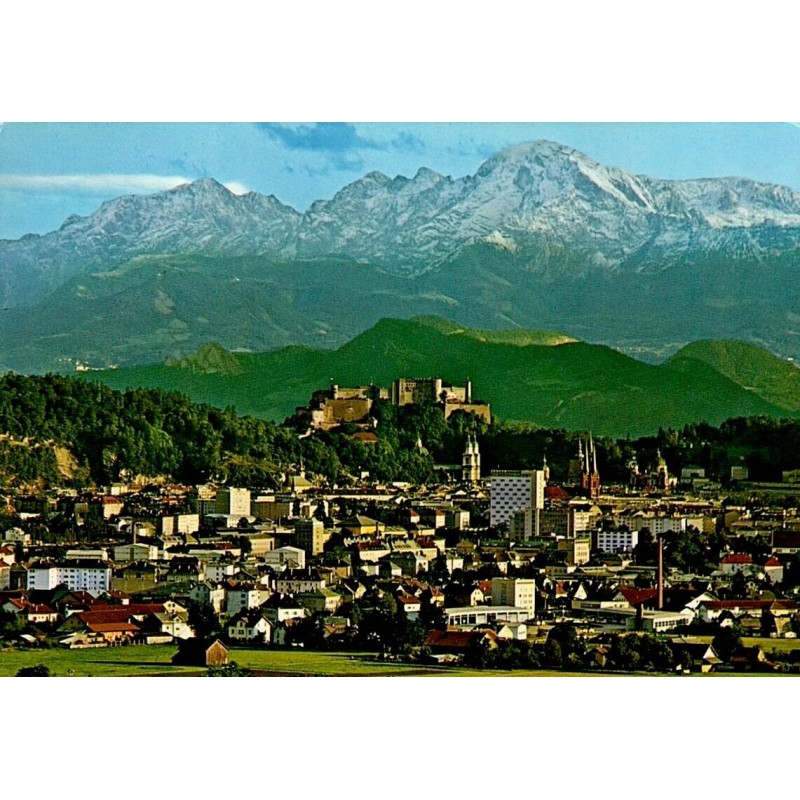 Salzburg panorama alpin avec ville et forteresse de Hohensalzburg, édition Meyer’s Farbkarten