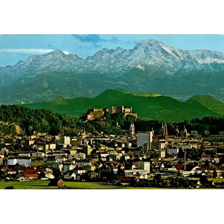 Salzburg panorama alpin avec ville et forteresse de Hohensalzburg, édition Meyer’s Farbkarten