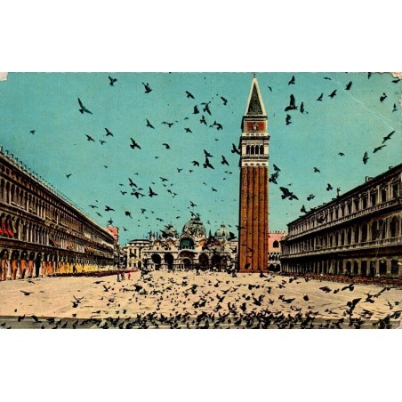 Venise place Saint-Marc avec campanile basilique et nombreux pigeons carte postale de 1963
