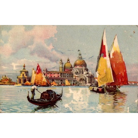 Venise église de la Salute avec gondole et voiliers colorés carte postale ancienne