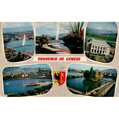 Genève Souvenir Jet d’Eau Palais des Nations Rade île Jean-Jacques Rousseau CPSM