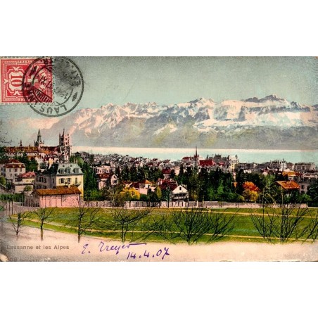 Lausanne et les Alpes Suisse CPA 1907 vue lac Léman carte postale ancienne