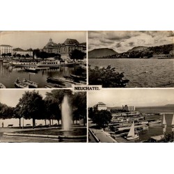 CPSM Neuchâtel Suisse multivues du lac, port, bateaux, quais et fontaine, édition Nussbaum 637