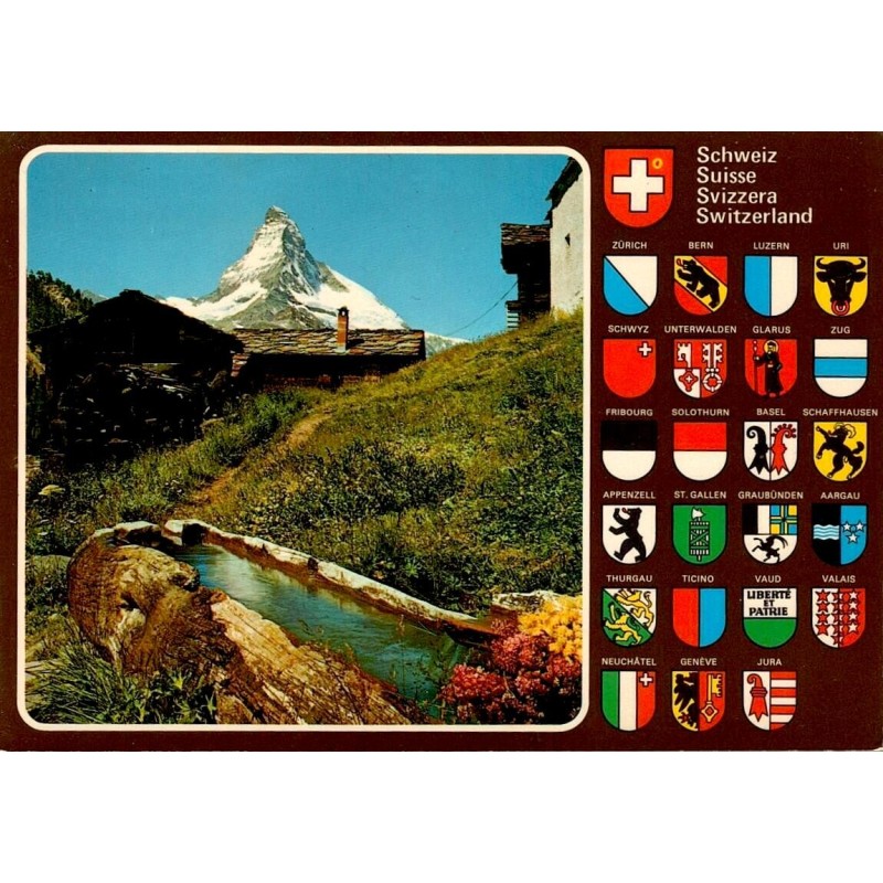 CPM Zermatt Findelen Cervin Suisse avec chalets alpins et armoiries des cantons suisses