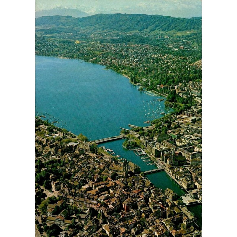 CPSM Zürich Suisse vue aérienne du lac, Limmat, vieille ville et centre historique