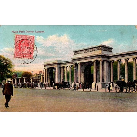 CPA Londres Hyde Park Corner attelages timbre au recto circulée en 1911