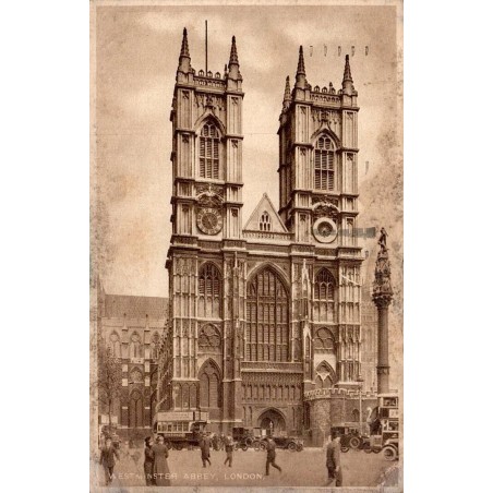 CPSM Londres Westminster Abbey façade occidentale animée avec autobus en 1930