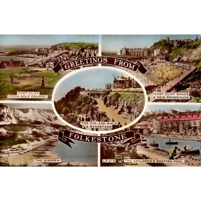 CPSM Folkestone multivue East Cliff Sands Warren et promenade Kent en 1960