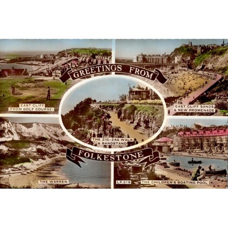 CPSM Folkestone multivue East Cliff Sands Warren et promenade Kent en 1960