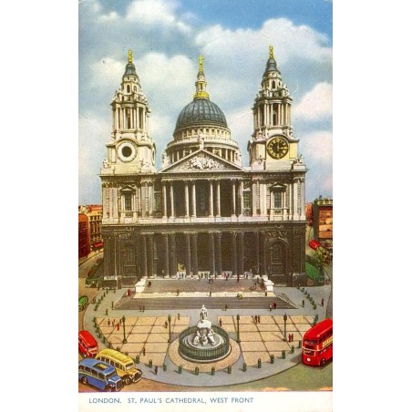 CPSM London St Paul’s Cathedral West Front cathédrale Saint-Paul et autobus rouges