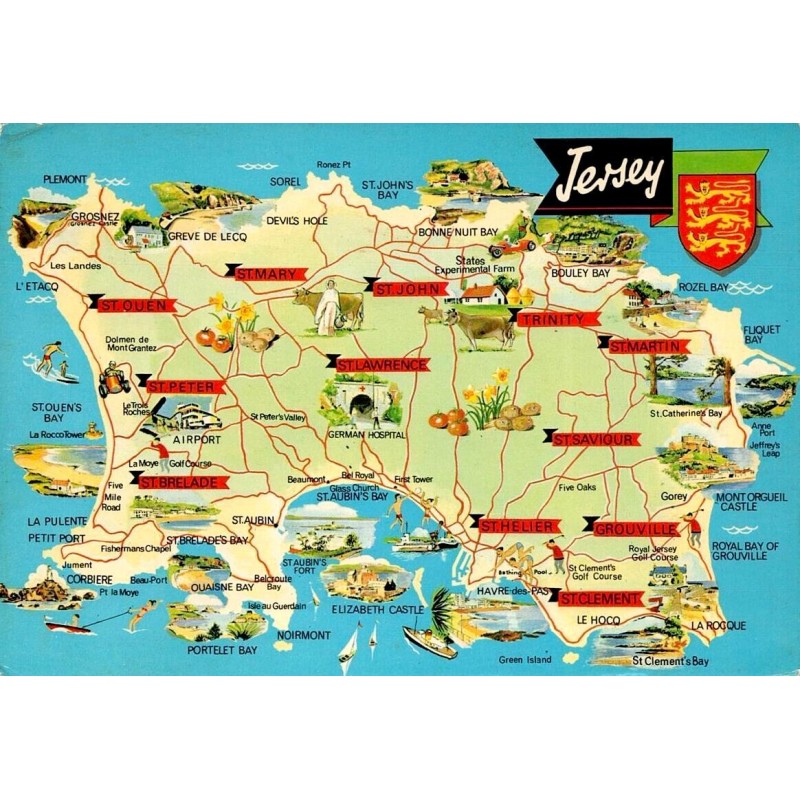 CPM Jersey carte illustrée des sites touristiques et paroisses des Îles Anglo-Normandes