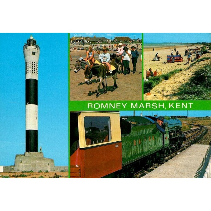 CPM Romney Marsh phare de Dungeness plage de Dymchurch et train touristique du Kent
