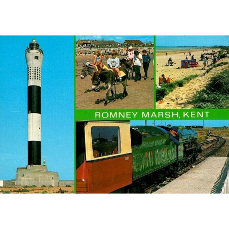 CPM Romney Marsh phare de Dungeness plage de Dymchurch et train touristique du Kent