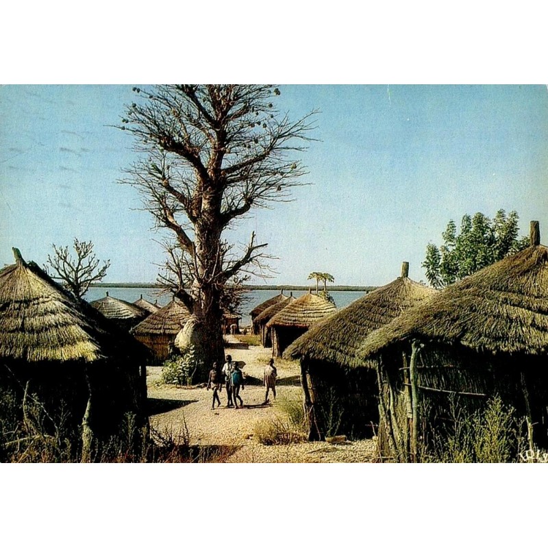 Village du Siné au Sénégal avec cases traditionnelles en chaume et habitants, carte postale CPM