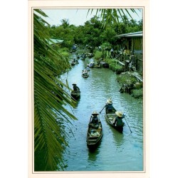 Marché flottant de Damnoen Saduak en Thaïlande avec vendeurs en barques, carte postale CPM