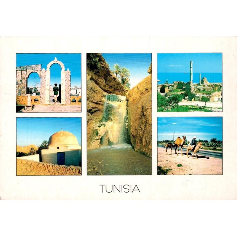 Tunisie multivues Carthage oasis dromadaires architecture carte postale moderne
