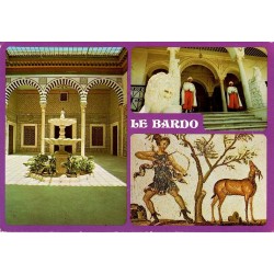 CPM Le Bardo avec cour du palais, gardes traditionnels et mosaïque antique du musée tunisien