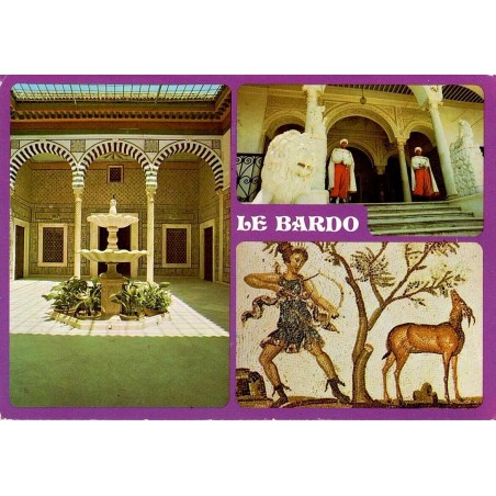 CPM Le Bardo avec cour du palais, gardes traditionnels et mosaïque antique du musée tunisien