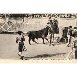 CPA corrida montrant un picador à cheval piquant un taureau près de la barrière de l’arène