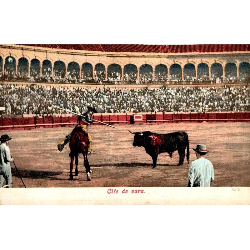 CPA photochromique montrant un picador à cheval face au taureau dans des arènes espagnoles