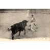 CPA corrida montrant un matador travaillant de muleta devant un taureau portant des banderilles