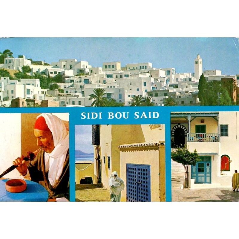 CPM Sidi Bou Saïd avec village blanc, ruelles traditionnelles et musicien tunisien
