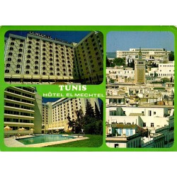 CPM Tunis montrant l’hôtel El Mechtel, sa façade décorée, sa piscine et un panorama de la ville