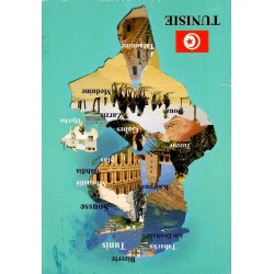 CPM Tunisie en forme de carte du pays illustrée par ses principales villes et destinations touristiques