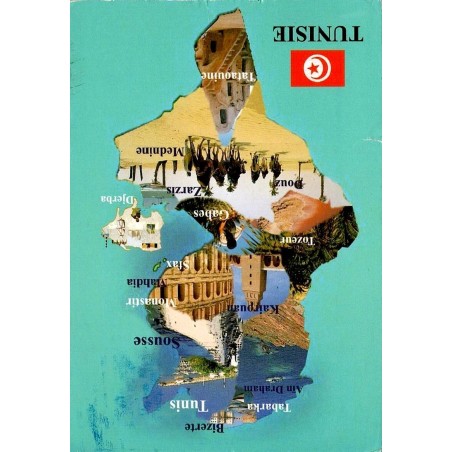 CPM Tunisie en forme de carte du pays illustrée par ses principales villes et destinations touristiques
