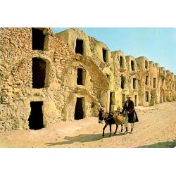 CPM Médenine en Tunisie, ghorfas traditionnelles et homme conduisant un âne chargé de paniers
