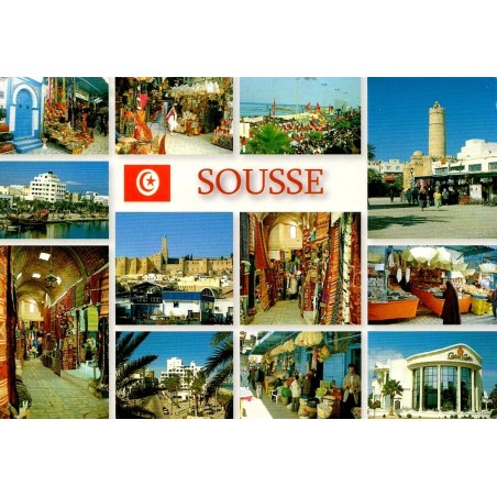 CPM Sousse en Tunisie, multivue des souks, du port, de la médina, du ribat et de la kasbah