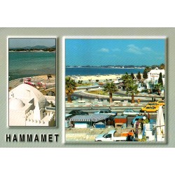 CPM Hammamet montrant le front de mer, les taxis, le centre touristique et un petit train rouge