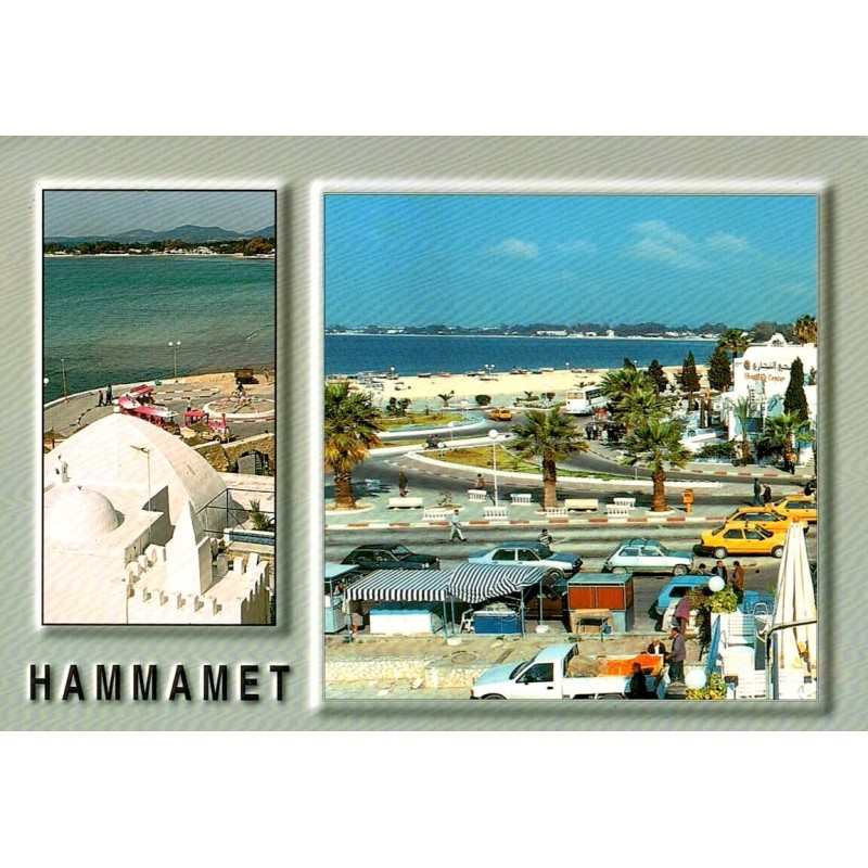 CPM Hammamet montrant le front de mer, les taxis, le centre touristique et un petit train rouge