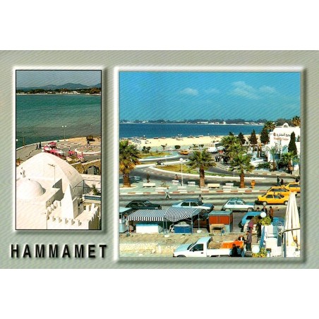 CPM Hammamet montrant le front de mer, les taxis, le centre touristique et un petit train rouge
