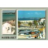 CPM Hammamet montrant le front de mer, les taxis, le centre touristique et un petit train rouge