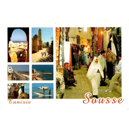 CPM Sousse Tunisie multivue avec médina, souk, port, plage et monuments historiques