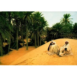 CPM Douz Tunisie, trois habitants assis sur une dune devant la palmeraie de l’oasis