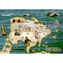 CPM Djerba carte touristique illustrée de l’île avec villes, phare et traditions tunisiennes