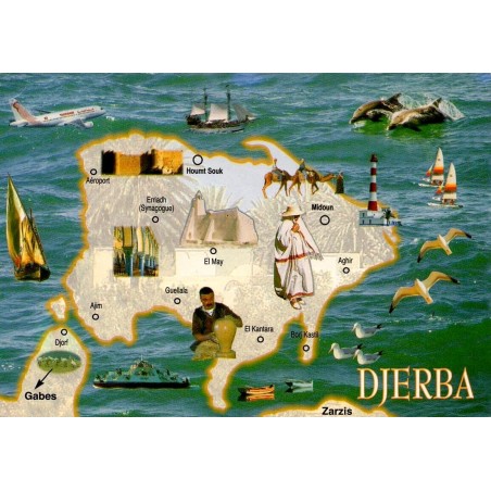 CPM Djerba carte touristique illustrée de l’île avec villes, phare et traditions tunisiennes