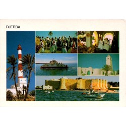 CPM Djerba multivue avec phare, fort, mosquée, ferry et traditions tunisiennes