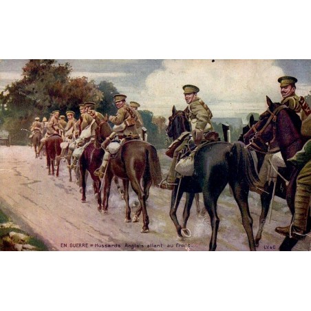 CPA colorisée de hussards anglais à cheval allant au front pendant la Première Guerre mondiale