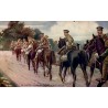 CPA colorisée de hussards anglais à cheval allant au front pendant la Première Guerre mondiale